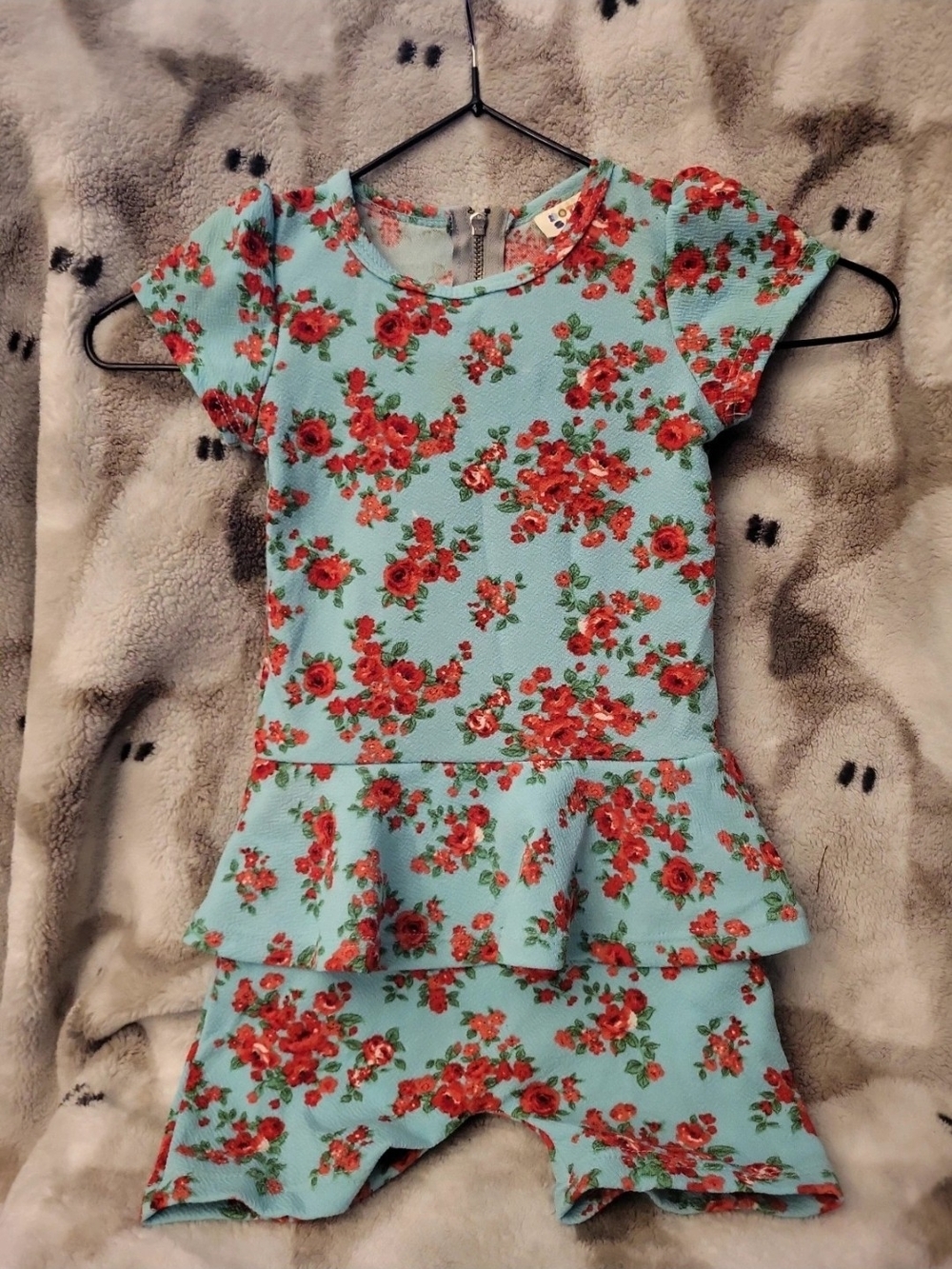 Dot Dot Smile Light Blue Floral Peplum Romper with Red Roses